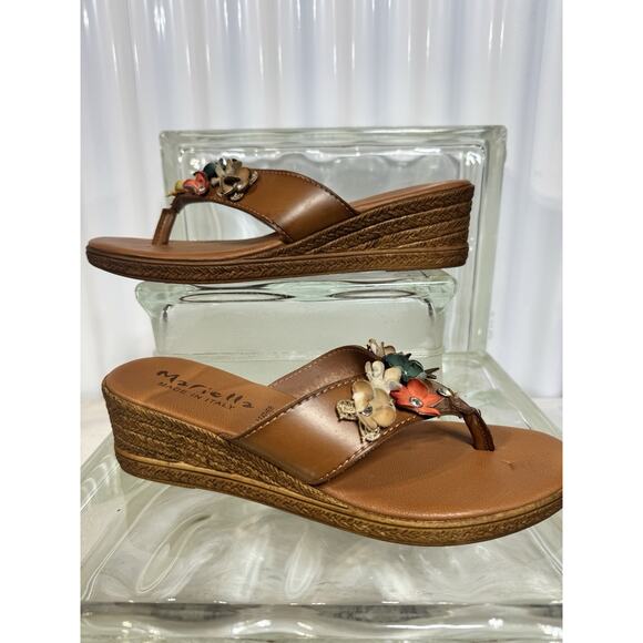 Mariella Made in Italy Floral Wedge Women's Sandals Leather Tan Multi Size 9M - Picture 1 of 6